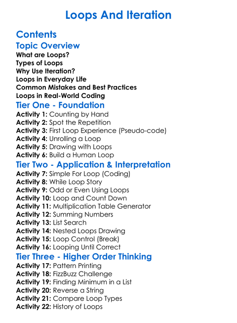 Loops And Iteration Worksheet Activity Booklet