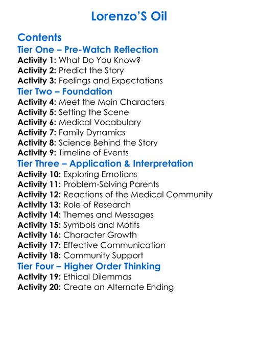 Lorenzos Oil Worksheet Activity Booklet