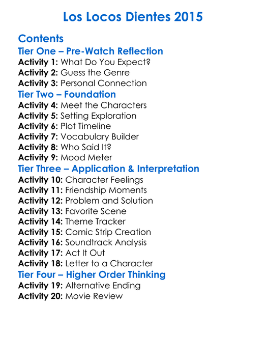Los Locos Dientes 2015 Worksheet Activity Booklet