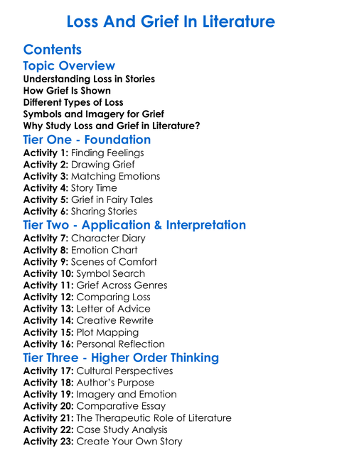 Loss And Grief In Literature Worksheet Activity Booklet