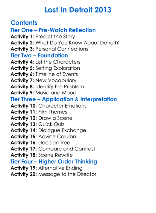 Lost In Detroit 2013 Worksheet Activity Booklet