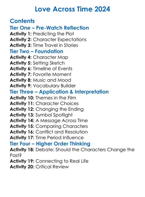 Love Across Time 2024 Worksheet Activity Booklet