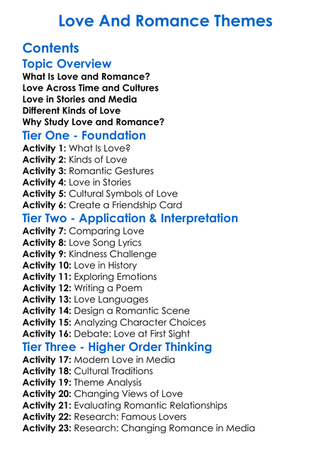 Love And Romance Themes Worksheet Activity Booklet