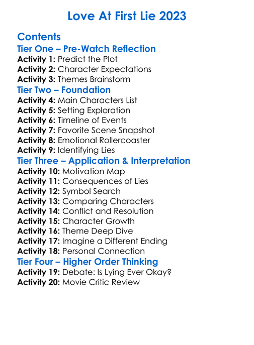 Love At First Lie 2023 Worksheet Activity Booklet