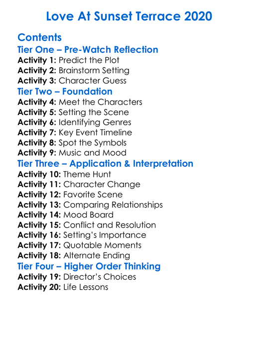 Love At Sunset Terrace 2020 Worksheet Activity Booklet