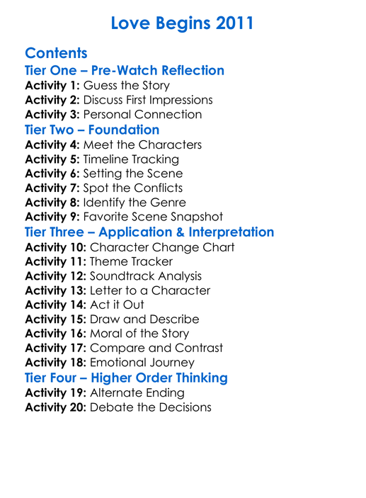 Love Begins 2011 Worksheet Activity Booklet
