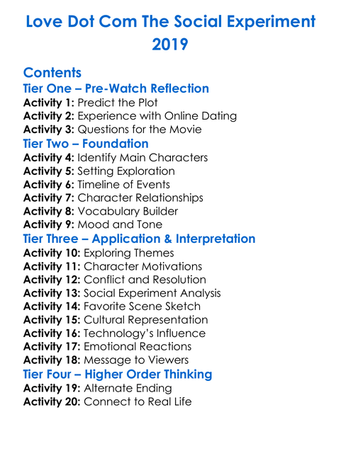 Love Dot Com The Social Experiment 2019 Worksheet Activity Booklet