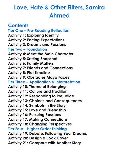 Love Hate Other Filters Samira Ahmed Worksheet Activity Booklet