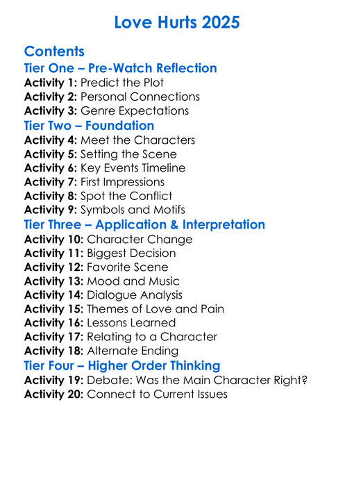 Love Hurts 2025 Worksheet Activity Booklet