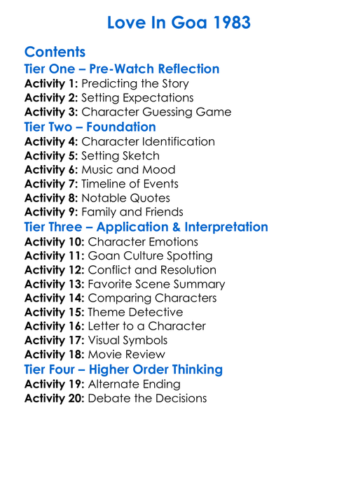 Love In Goa 1983 Worksheet Activity Booklet