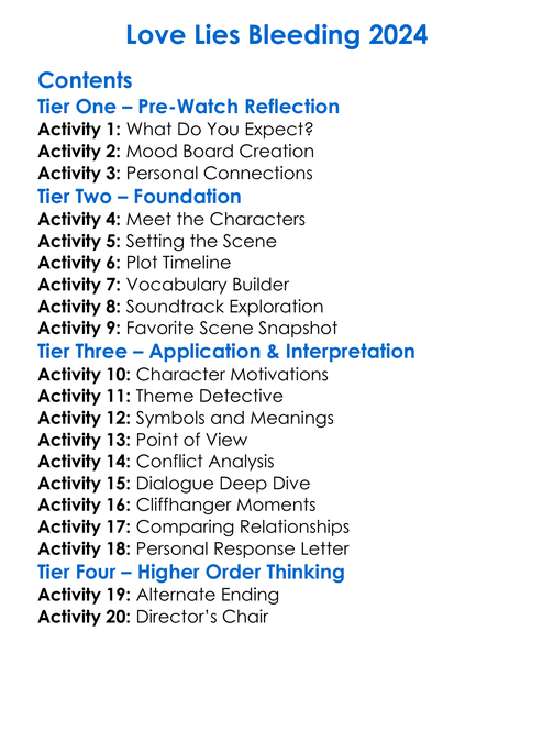 Love Lies Bleeding 2024 Worksheet Activity Booklet