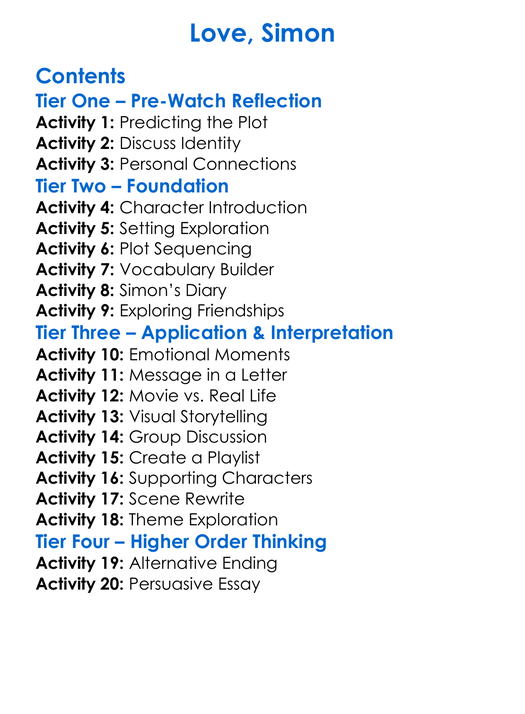 Love Simon Worksheet Activity Booklet