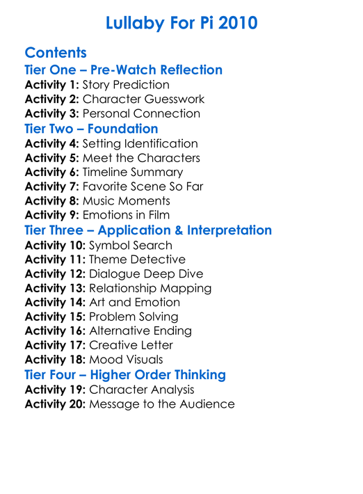 Lullaby For Pi 2010 Worksheet Activity Booklet