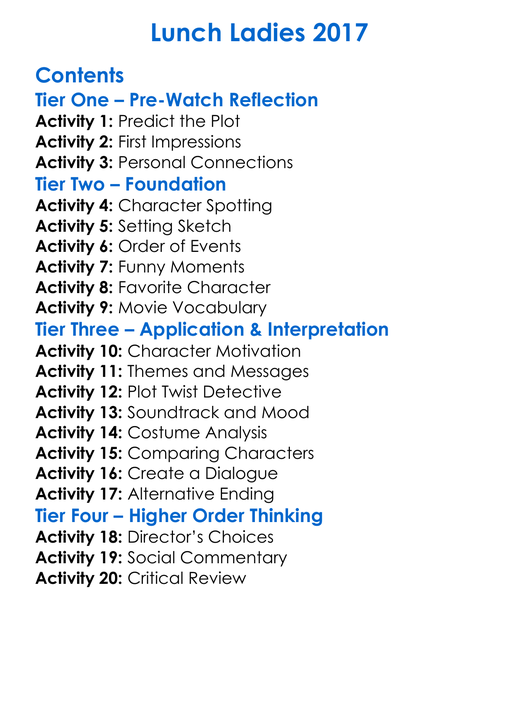 Lunch Ladies 2017 Worksheet Activity Booklet