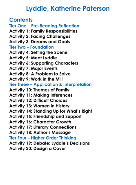 Lyddie Katherine Paterson Worksheet Activity Booklet