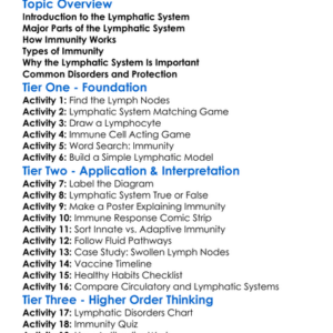 Lymphatic System And Immunity Worksheet Activity Booklet
