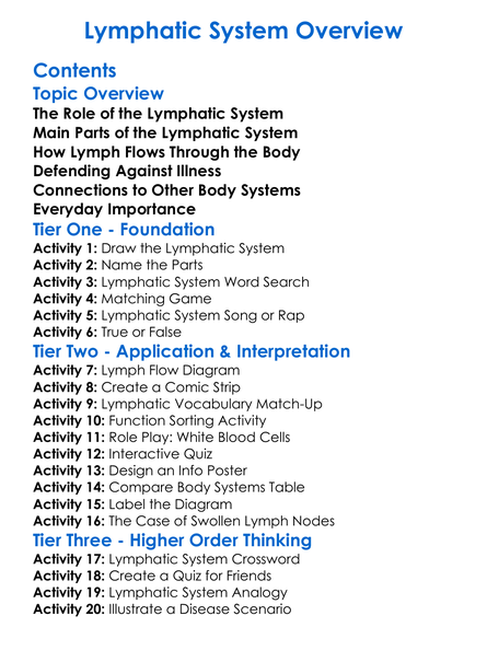 Lymphatic System Overview Worksheet Activity Booklet
