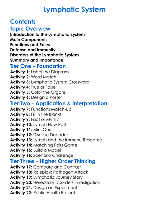 Lymphatic System Worksheet Activity Booklet
