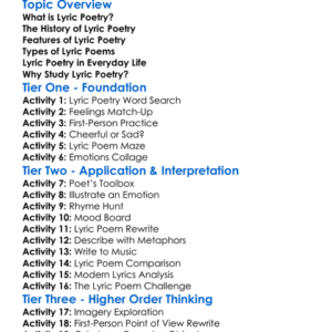 Lyric Poetry Worksheet Activity Booklet