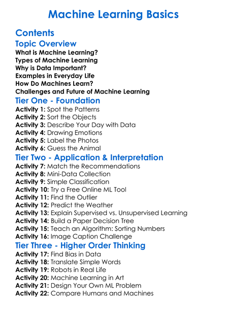 Machine Learning Basics Worksheet Activity Booklet