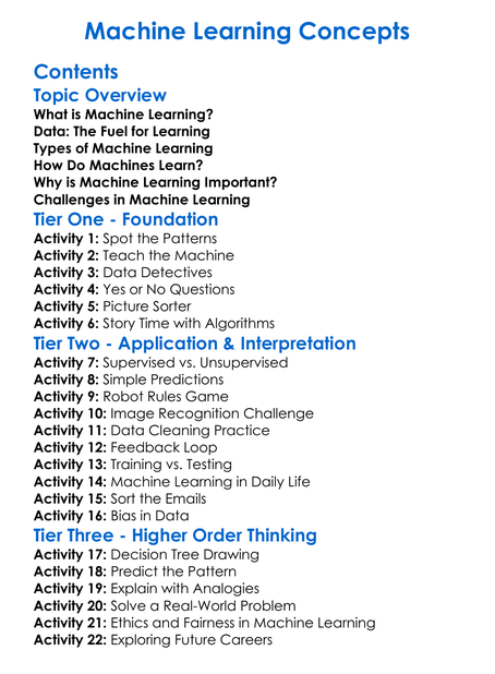 Machine Learning Concepts Worksheet Activity Booklet