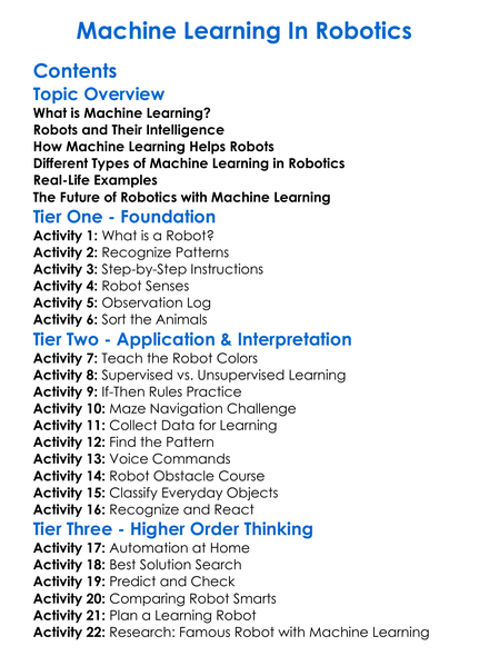 Machine Learning In Robotics Worksheet Activity Booklet