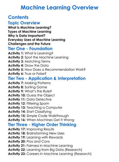 Machine Learning Overview Worksheet Activity Booklet