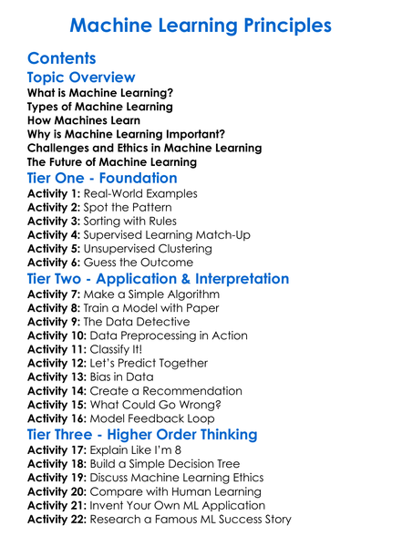 Machine Learning Principles Worksheet Activity Booklet