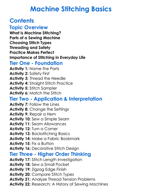 Machine Stitching Basics Worksheet Activity Booklet
