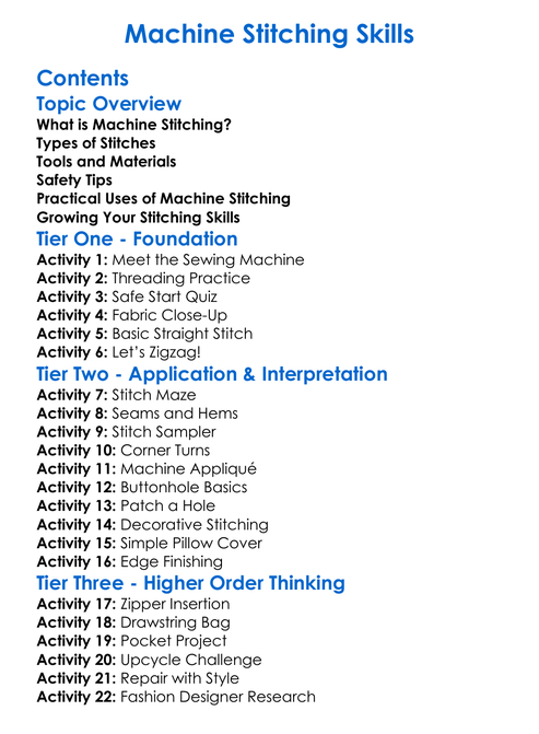 Machine Stitching Skills Worksheet Activity Booklet