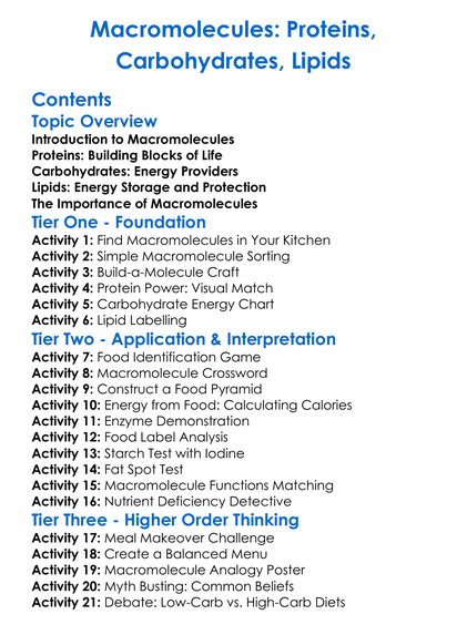 Macromolecules Proteins Carbohydrates Lipids Worksheet Activity Booklet