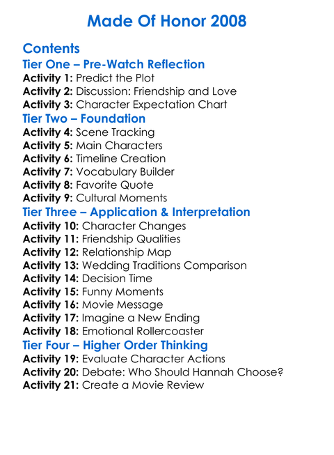 Made Of Honor 2008 Worksheet Activity Booklet