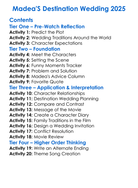 Madeas Destination Wedding 2025 Worksheet Activity Booklet