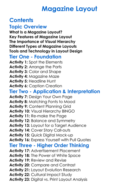 Magazine Layout Worksheet Activity Booklet