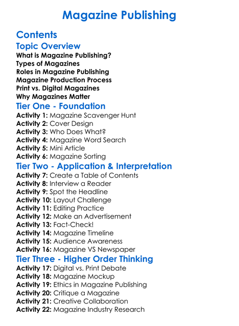 Magazine Publishing Worksheet Activity Booklet