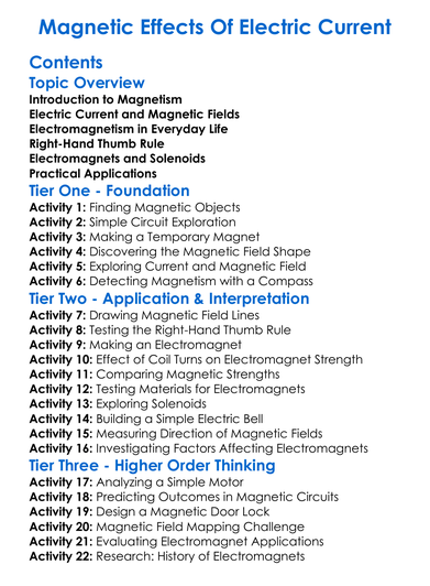 Magnetic Effects Of Electric Current Worksheet Activity Booklet