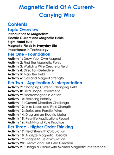 Magnetic Field Of A Current-Carrying Wire Worksheet Activity Booklet
