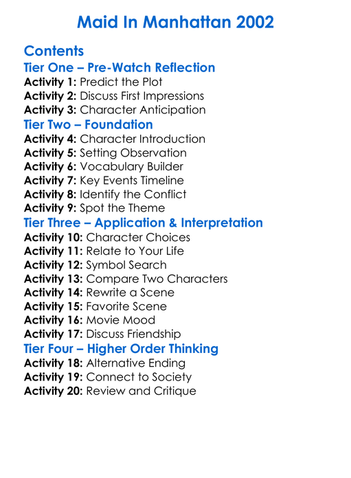 Maid In Manhattan 2002 Worksheet Activity Booklet