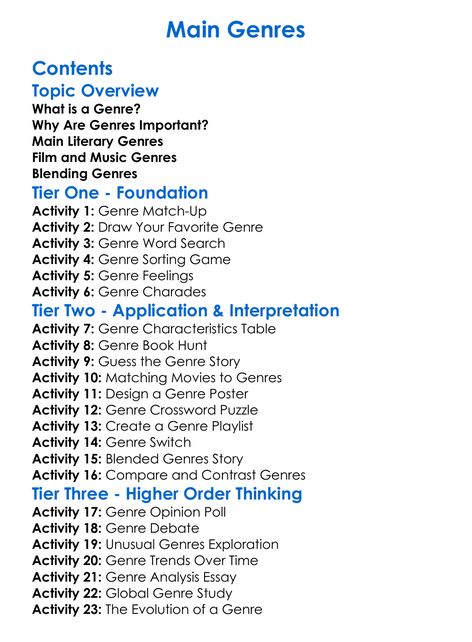 Main Genres Worksheet Activity Booklet