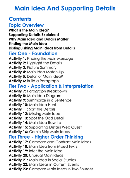 Main Idea And Supporting Details Worksheet Activity Booklet