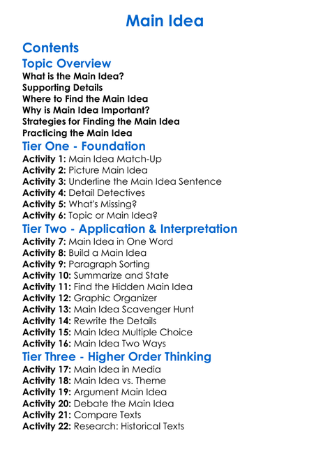 Main Idea Worksheet Activity Booklet
