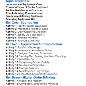 Maintaining Textile Equipment Worksheet Activity Booklet