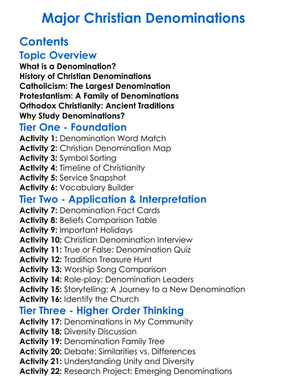 Major Christian Denominations Worksheet Activity Booklet