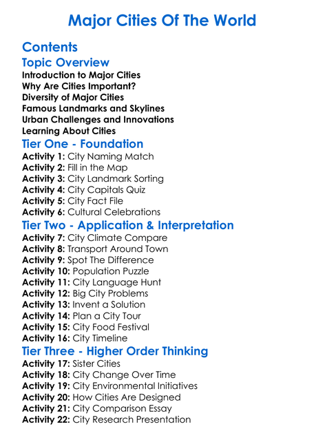 Major Cities Of The World Worksheet Activity Booklet