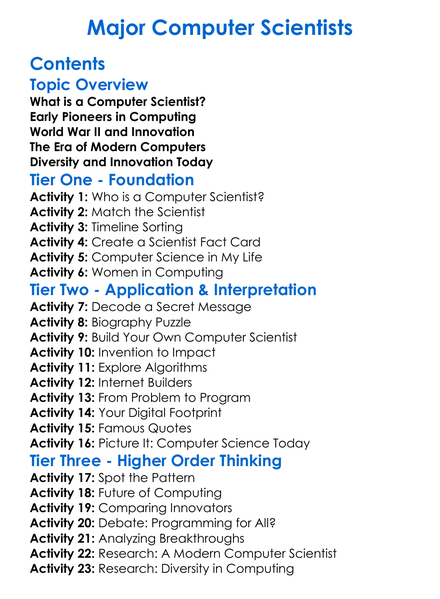 Major Computer Scientists Worksheet Activity Booklet