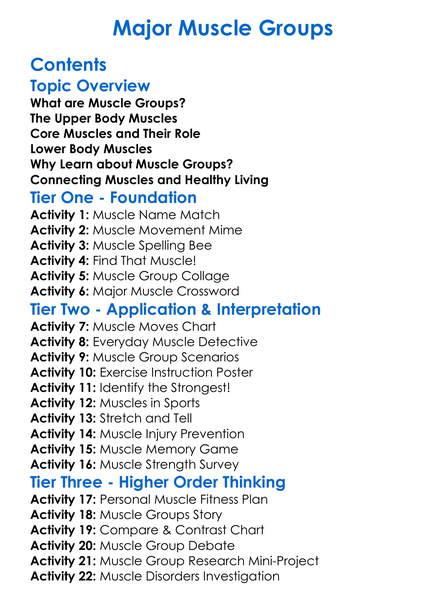 Major Muscle Groups Worksheet Activity Booklet