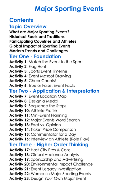 Major Sporting Events Worksheet Activity Booklet