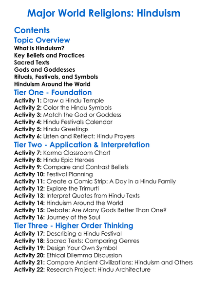 Major World Religions Hinduism Worksheet Activity Booklet