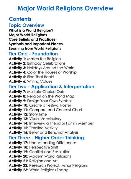 Major World Religions Overview Worksheet Activity Booklet