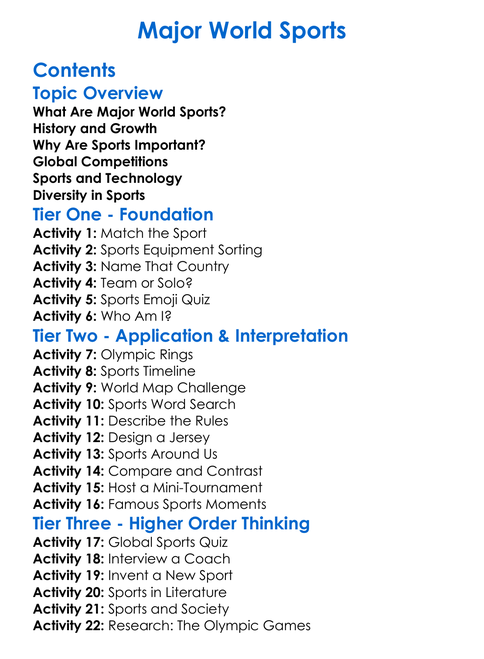 Major World Sports Worksheet Activity Booklet